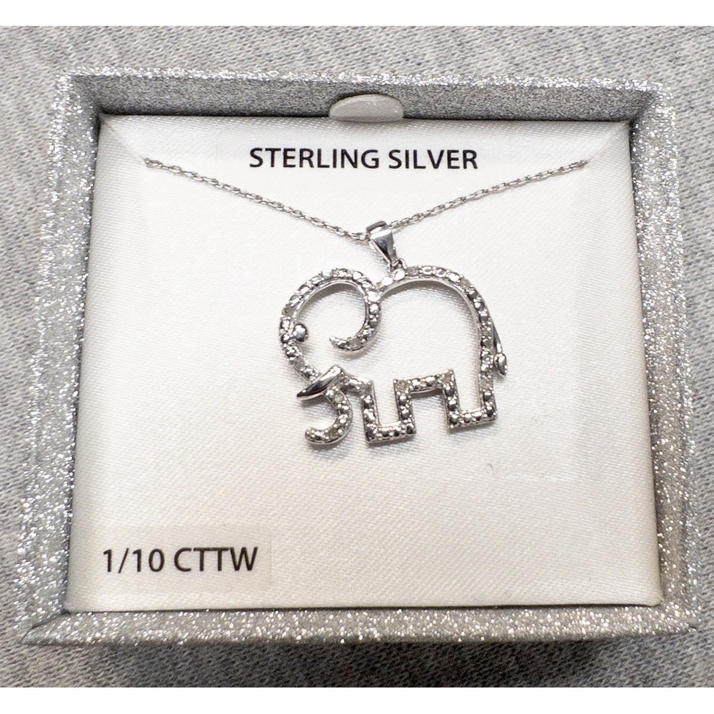 NIB Sterling Silver & 1/10 CTTW Diamond Elephant Necklace Pendant